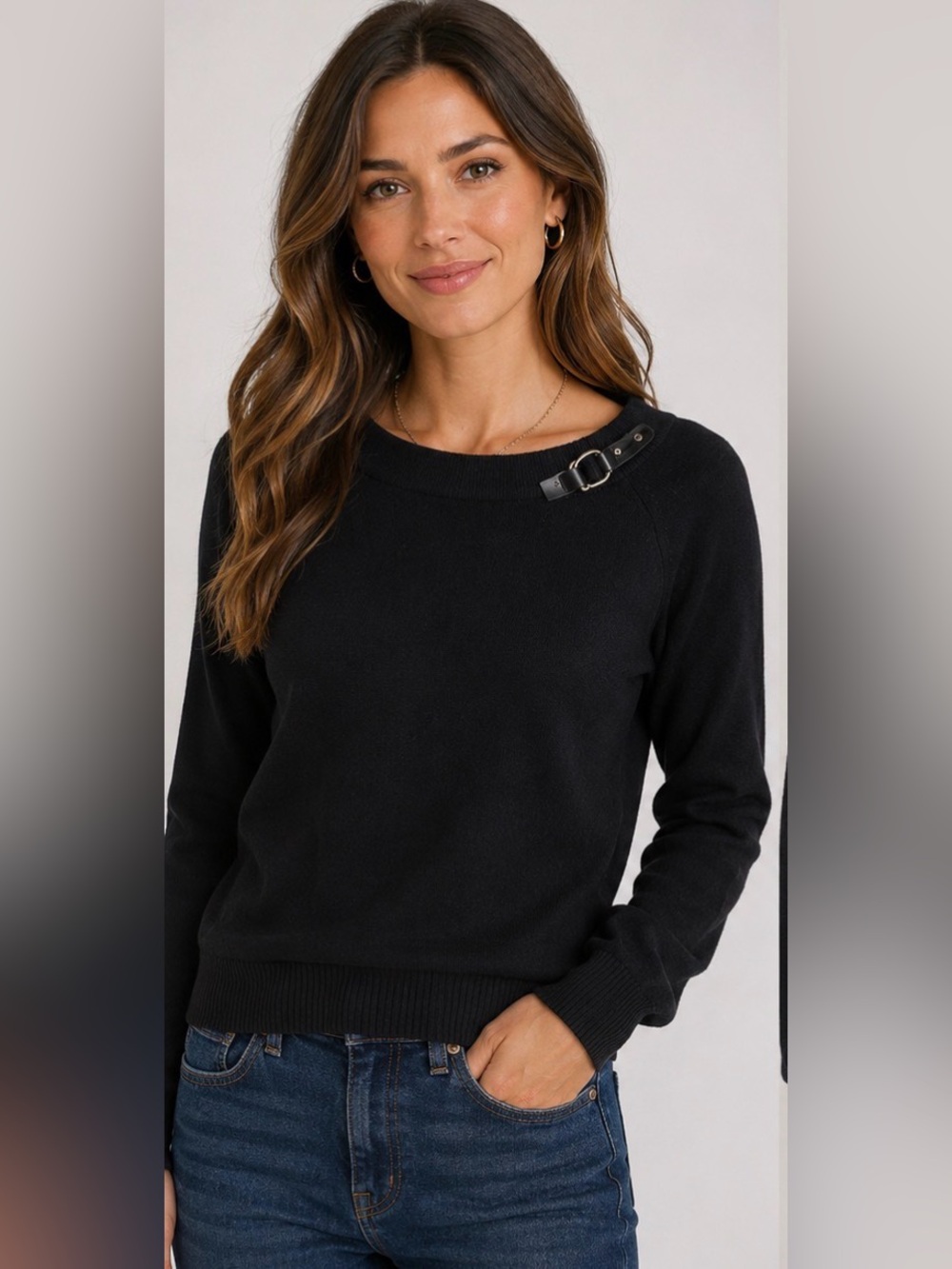 Lauren Ralph Lauren Black Buckle Neck Cotton Sweater Size Medium